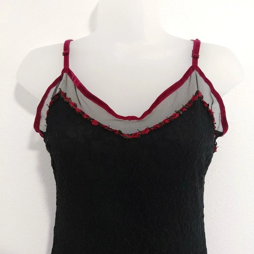 VTG Betsey Johnson Slip Dress Black Lace Rose Ditsy Neckline Velvet Trim Large - Picture 3 of 16